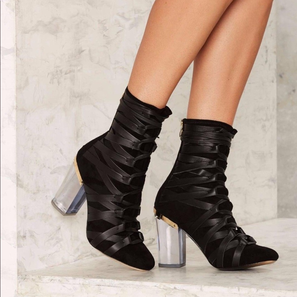 Nasty Gal Clear Lucite Heel Black Leather Boots